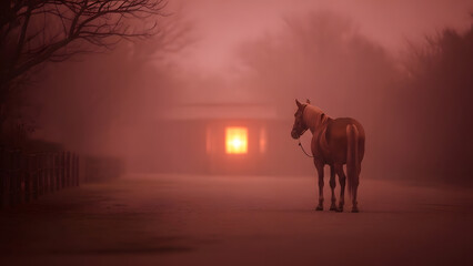 Serene Horse Standing in Foggy Sunset with a Distant Light Source