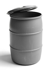 Gray plastic barrel with open lid on a white background