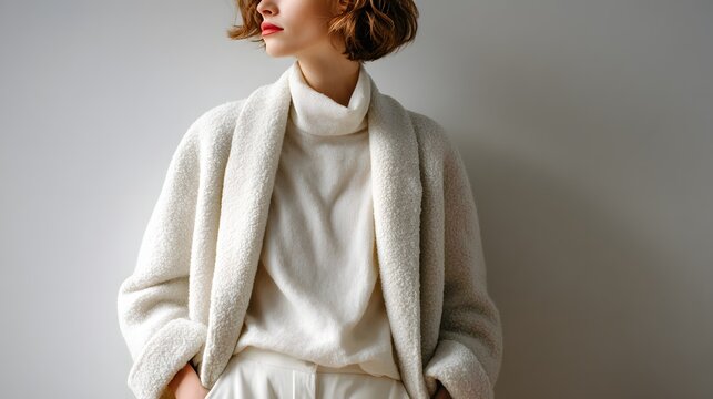 Minimalist fashion portrait of a woman wearing Cloud Dancer white outfit in soft neutral tones