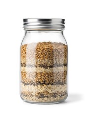 Layers of diverse grains, seeds, and oats in a clear glass jar, isolated on white