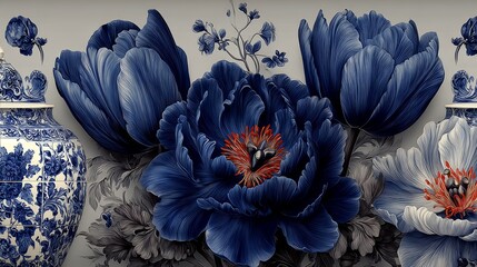 Elegant blue floral arrangement with vases a serene and artistic design.