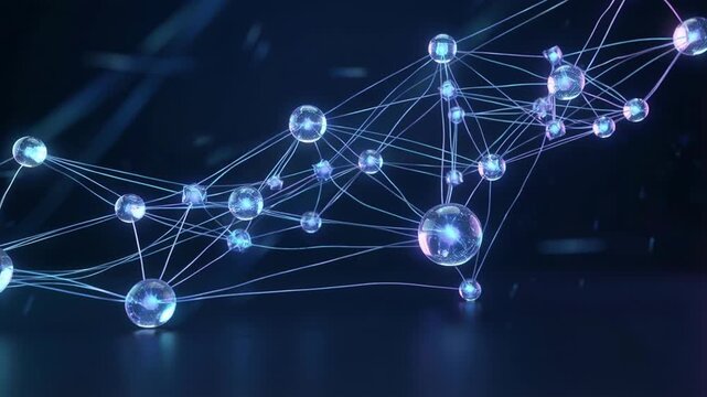 Blockchain network fintech cryptocurrency concept with glowing connected spheres lines representing digital technology connection in futuristic sphere
