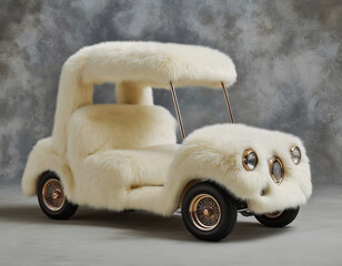 Cream fur covered vintage golf cart with gold accents on textured grey background for newborn baby photography prop studio backdrop elegant whimsical infant portrait session.