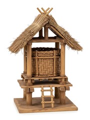 Miniature bamboo granary with thatched roof and woven basket