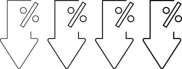 Discount Percent Line Icons. Percent down arrow symbol. Price drop arrow graphic design. E commerce and marketing regulation signs
