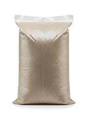 Large transparent bag filled with small beige granules or pellets