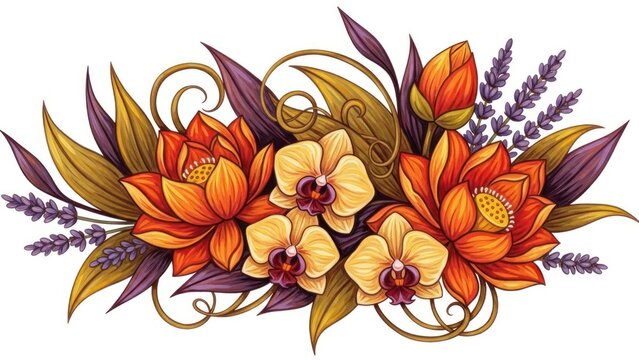 Bold acrylic painting tattoo design with warm autumn colors, showcasing lotus flowers, orchids, and lavender complemented by elongated lance-shaped leaves and plant stems, characterized by vibrant col