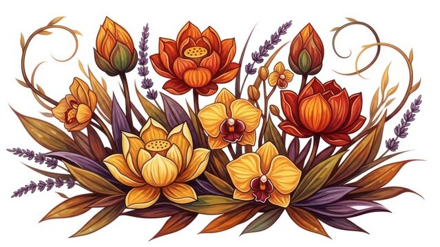 Bold acrylic painting tattoo design with warm autumn colors, showcasing lotus flowers, orchids, and lavender complemented by elongated lance-shaped leaves and plant stems, characterized by vibrant col
