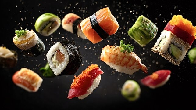 Different types of fresh sushi and maki rolls, including salmon, tuna, and shrimp nigiri, levitating against a dark background with scattered sesame seeds, symbolizing culinary delight