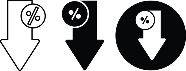 Percent down icons. Percentage decrease symbols. Sale reduction graphic design. Financial loss and discount signs
