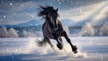 a powerful horse charging directly toward the viewer