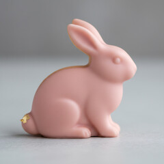 Pink ceramic rabbit figurine with gold accents. Artistic decorative element for Easter holiday and home decor. Simple aesthetic.