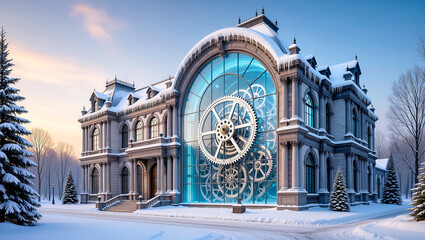 town hall featuring a giant transparent glass clock mechanism visible through the facade