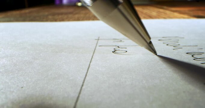 Slow Motion Close Up Of Hand Writing And Carrying A Pen On Paper At 1000 Fps. Concept Of Creativity, Mindfulness, Handwritten Words, Free Expression, Artistic Gesture And Human Connection