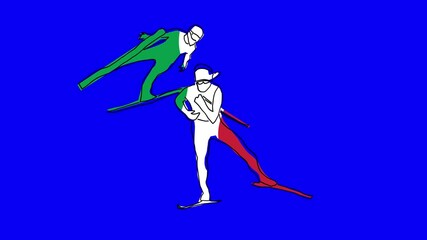 Loop able animation of hand drawn nordic combined silhouette for winter sport games in italy with flag waving colors