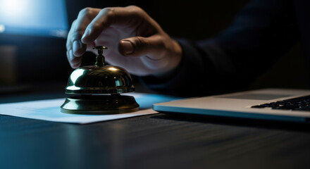 A Close-Up of a Hand Ringing a Brass Reception Bell on a Dark Wooden Desk with a Laptop and Paperwork, Emphasizing Service and Prompt Attention in a Business Setting