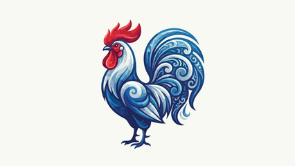 Artistic illustration of a vibrant blue and red rooster.
