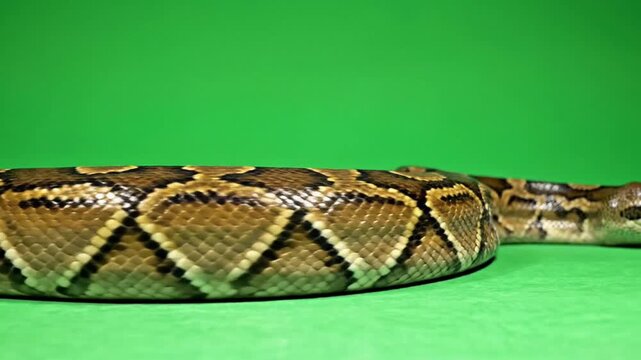 Close up of a Python snake with intricate patterns on its scales against a green background.