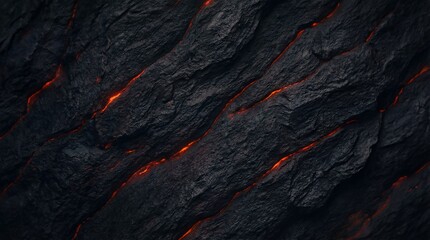 Glowing orange lava cracks in dark volcanic rock surface. Molten magma flowing through fissures in rugged black stone. Geological texture representing earths fiery core and natural heat processes for