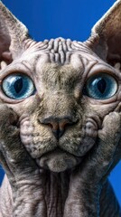 Close-Up Portrait Of A Hairless Sphynx Cat With Wrinkled Skin And Bright Blue Eyes Against A Clear Sky