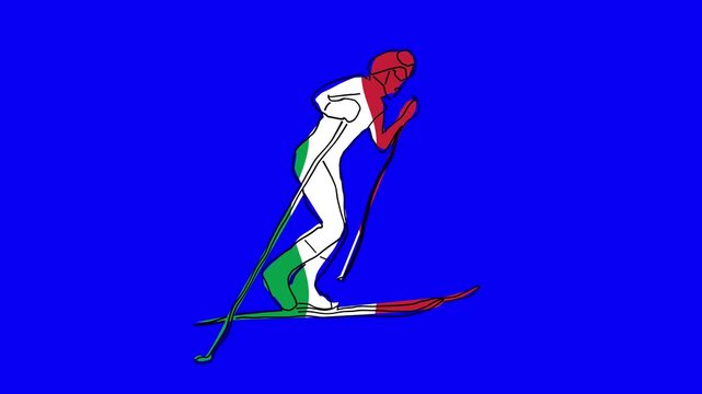 Loop able animation of hand drawn Ski mountaineering silhouette for winter sport games in italy with flag waving colors