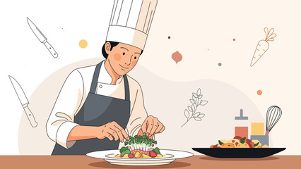 Culinary artist crafting a gourmet dish with fresh ingredients, showcasing professional cooking skills and a passion for gastronomy