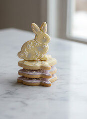 Stack of decorated shortbread cookies with a bunny cookie on top for Easter holiday celebration. Home baking and sweet treats.