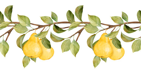 Hand-drawn illustration of a seamless horizontal border featuring yellow pears hanging from a leafy brown branch
