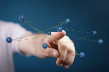 Hand touching digital network connections, futuristic technology concept, business and communication. Data conn