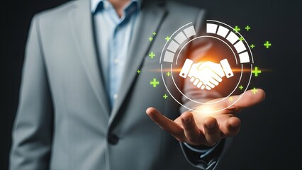 Businessman presenting partnership and technology concept with handshake icon