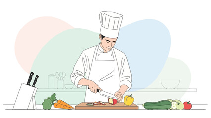 A Chef in a White Uniform Skillfully Chopping Red Apples and Fresh Vegetables on a Wooden Cutting Board