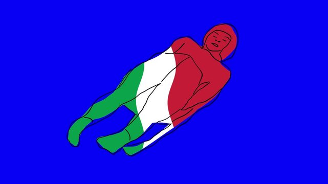 Loop able animation of hand drawn ice luge racing silhouette for winter sport games in italy with flag waving colors