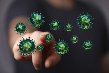 A person touching a 3D rendered virus illustration. Conceptual image of the global pandemic and health concern