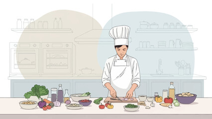 A skilled chef in a professional kitchen meticulously prepares fresh ingredients for a culinary masterpiece
