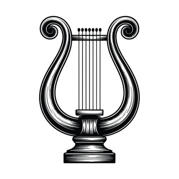 An elegant black and white illustration of a classic ancient lyre