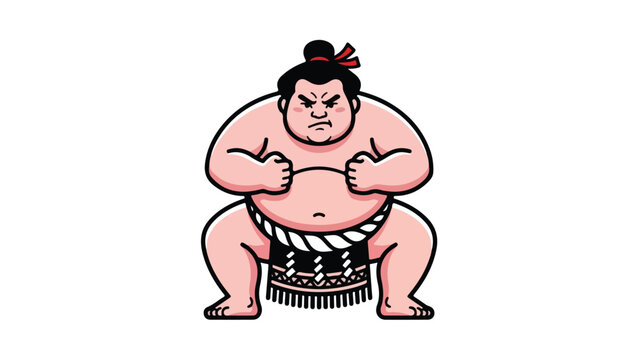 Cartoon illustration of a sumo wrestler in a ready stance focused.