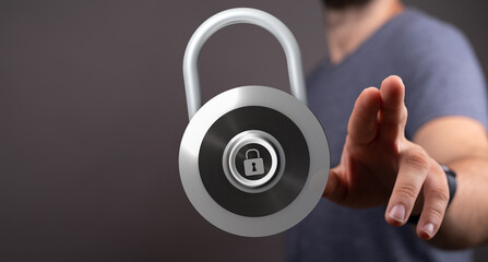 Secure data concept with a padlock and hand touch. Protecting information with a digital lock for data security
