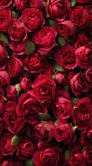 Vibrant Red Roses Close-Up Bouquet: Lush Blooming Petals, Deep Green Leaves, Romantic Floral Arrangement for Valentine&rsquo;s Day, Weddings, and Gifts