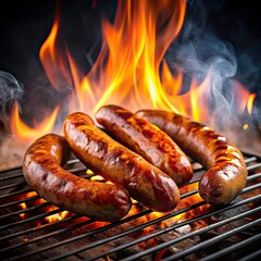 barbecue beef sausages close up on grill smoke 