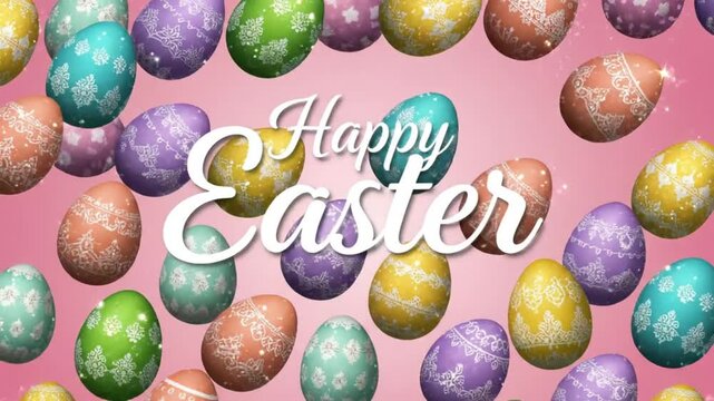 Colorful Easter eggs with floral patterns on pink background