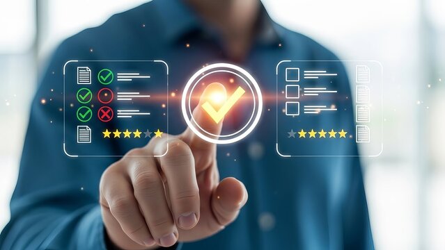 Businessman interacting with futuristic interface for quality assessment and rating - Powered by Adobe