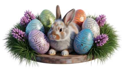 Easter sunday bunny with colorful eggs isolated on transparent background