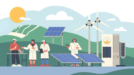 Renewable energy engineers inspecting solar panels and wind turbines, green hills © srdesignhouse