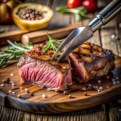 barbecue steak cutting moment with knife and fork