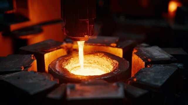 Medium shot of a variabletemperature electromagnetic induction furnace glowing as metal begins melting showcasing adjustable heat control for precise alloying processes.