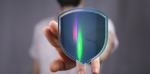 Abstract image of hand touching a shield symbol representing concepts like data protection,...