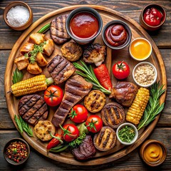 bbq platter with sauces in small bowls grilled 