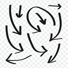 curved arrow Arrow icon set, arrow cursor, black curved arrow pointing down isolated on transparent background