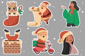 Fototapeta premium Cute Christmas sticker pack with Santa, chimney, scroll, scooter gifts, winter girls and pony in stocking, flat cartoon vector with white outline; ideal for planners, chats, holiday branding, cards.