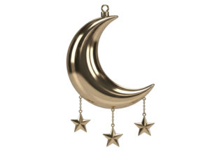 Golden crescent moon with stars isolated on transparent background